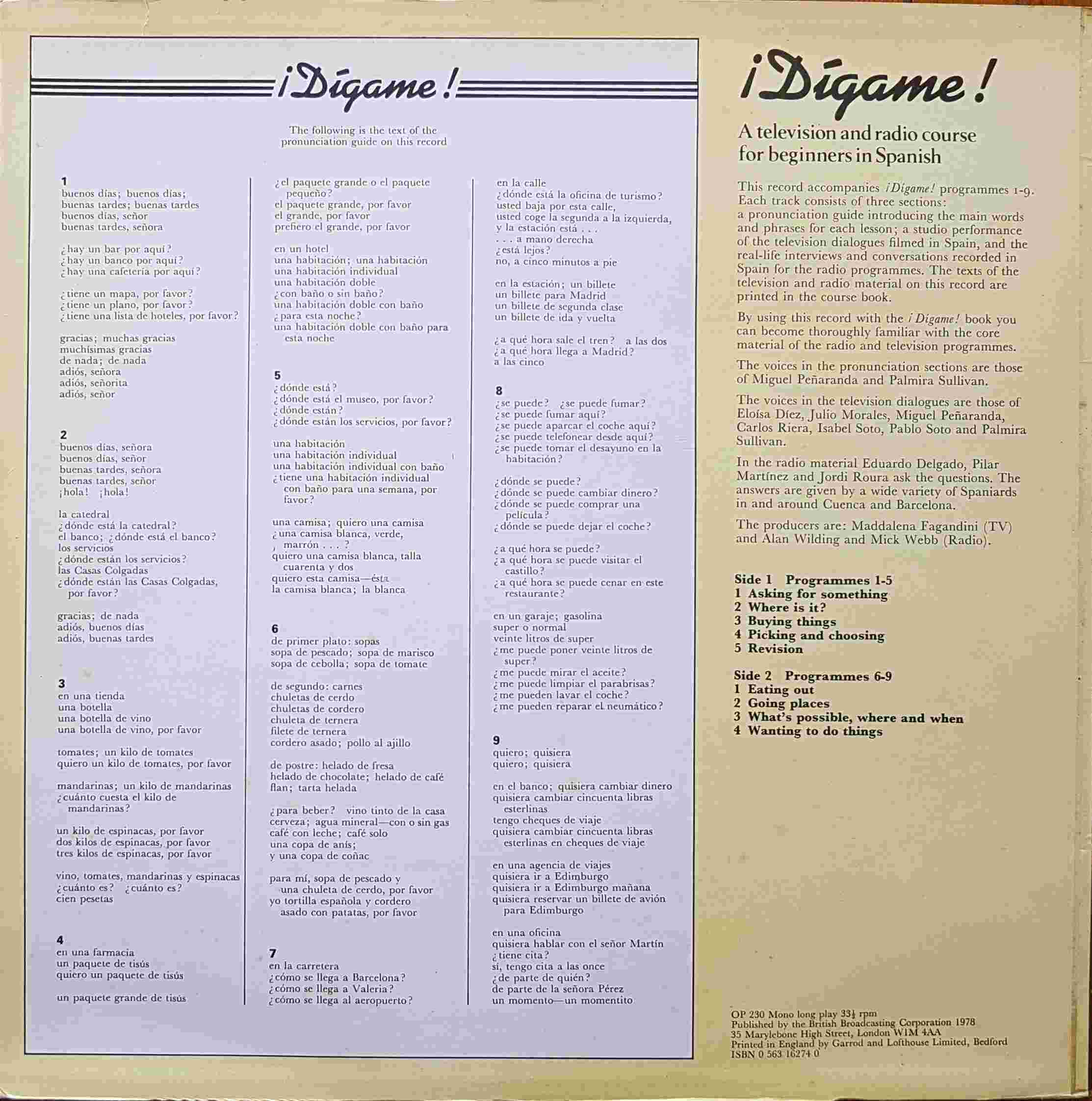 Picture of OP 230 Digame ! 1 - A television and radio course for beginners in Spanish - Programmes 1 - 9 by artist Various from the BBC records and Tapes library